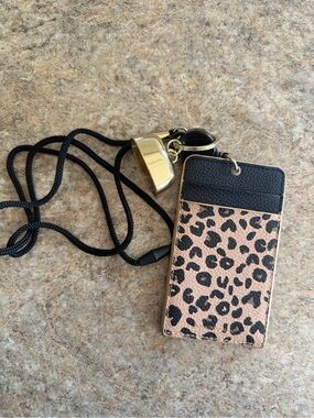Bath & Body Works Black and Tan Leopard Card Holder Lanyard with Gold Hardware
